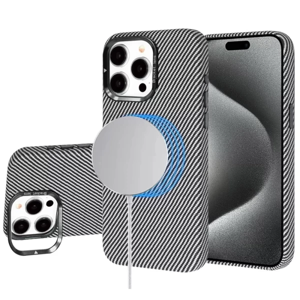 LEATHER CARBON MAGSAFE WITH STAND - SILVER (I10)  IPHONE 15 PRO MAX