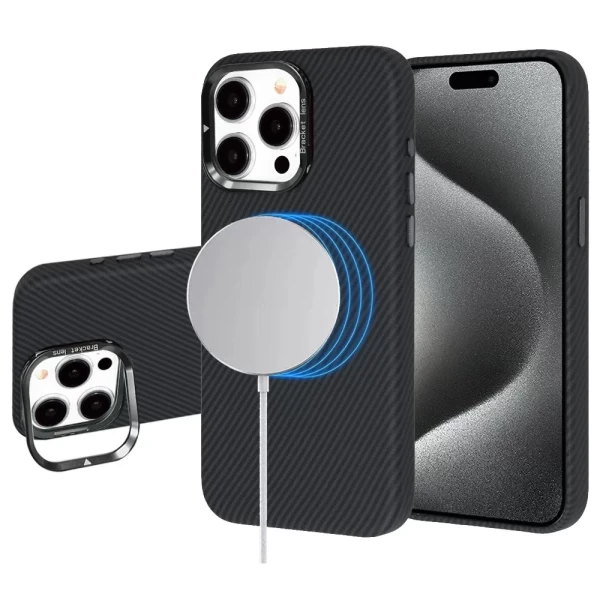 LEATHER CARBON MAGSAFE WITH STAND - BLACK (I2) IPHONE 15 PRO MAX