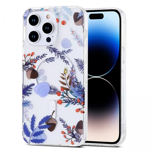 AMUSE MAGSAFE CLEAR - TEAL FLORAL LEAVES (F1)  IPHONE 14 PRO
